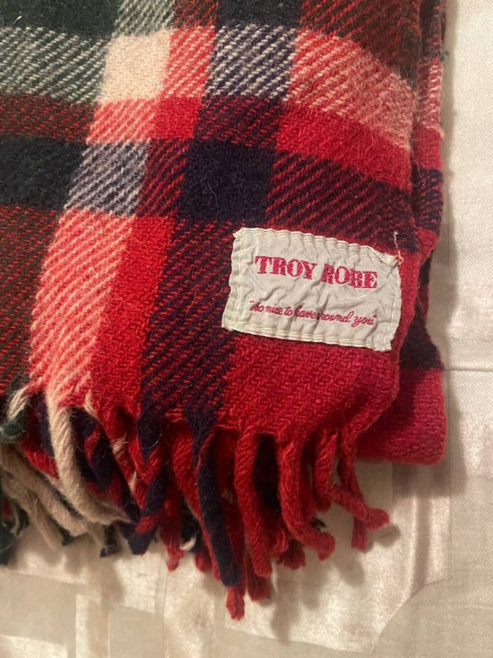 Vintage wool Troy Robe Classic Plaid Throw Blanket | tartan Lodgecore Fringe USA - Picture 2 of 3